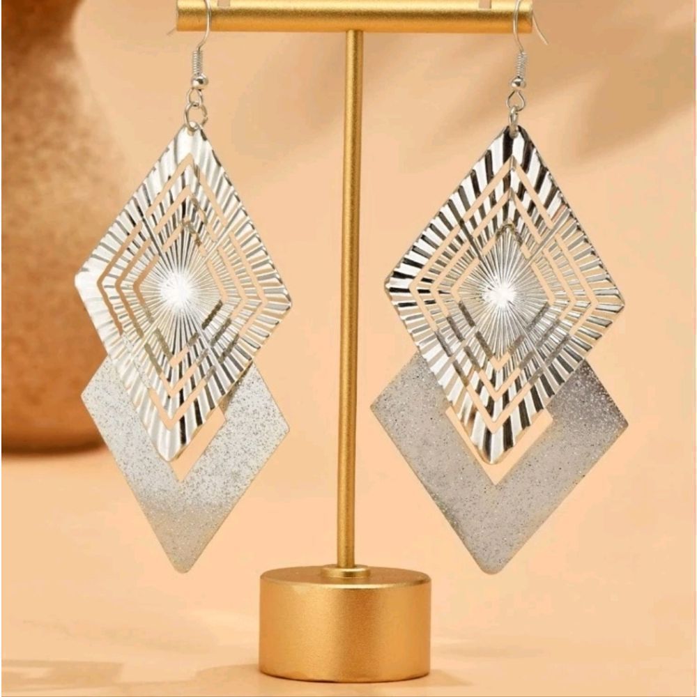 Silvertone Hollow Out Geo Drop Earrings